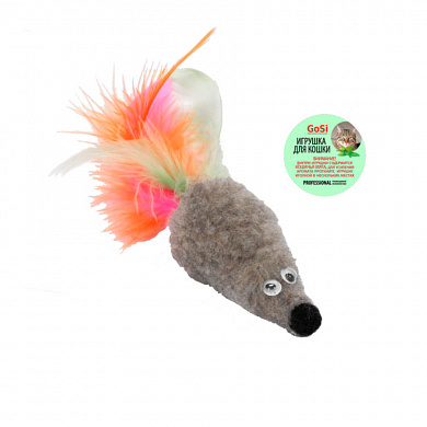 sh-07153 Игрушка Мышь с мятой серый мех с хвостом перо пышное GoSi этикетка кружок